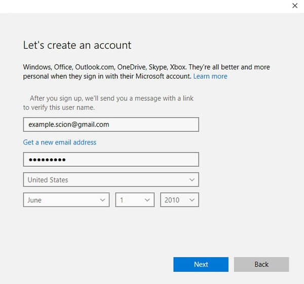 Windows 10 parental controls: create microsoft user account 