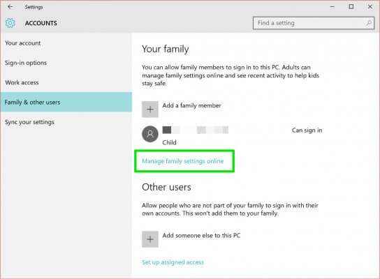 Windows 10 parental controls: microsoft family account login