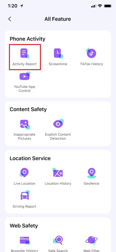Relatório de atividades do FamiSafe Android - localizar recurso