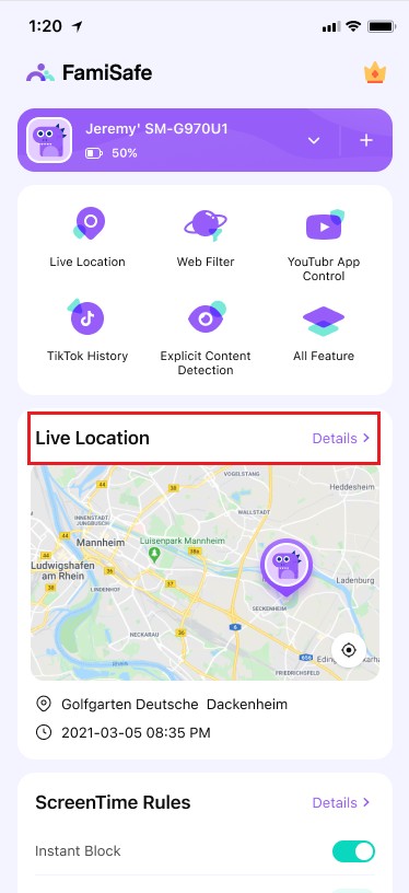 locate the live location feature 