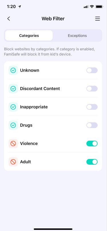 web filter categories in famisafe