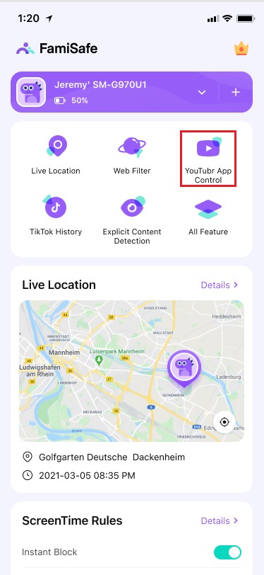 Contrôle de l'application YouTube de FamiSafe