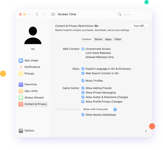 enable content & privacy on mac