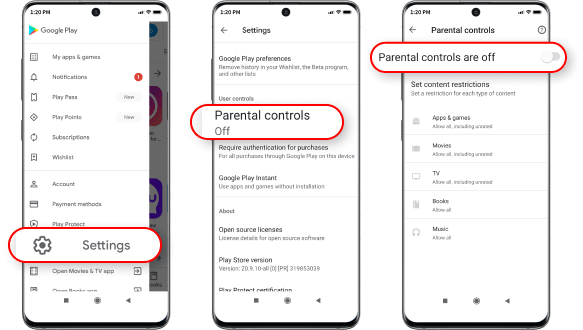 parental controls on Google Play