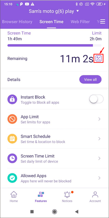 FamiSafe screen time - add time limit