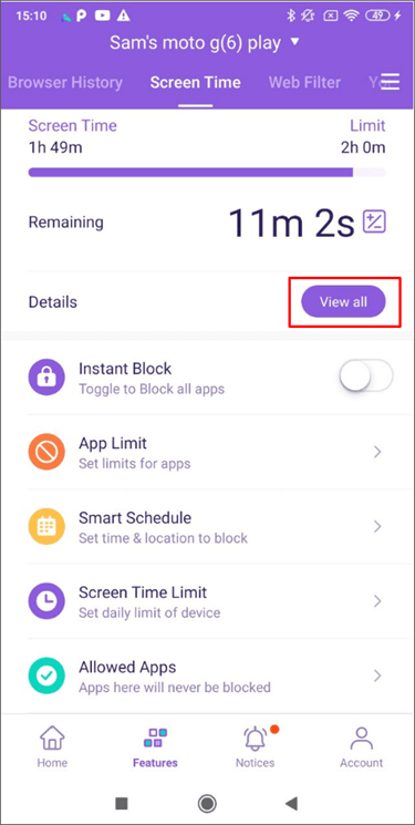 FamiSafe screen time - view all