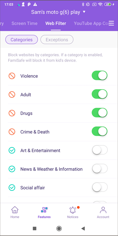 FamiSafe web filter categories