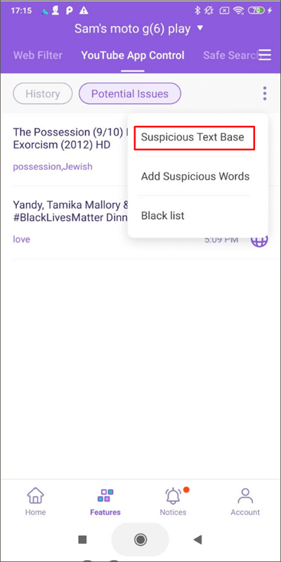 YouTube App Control manage the suspicious text