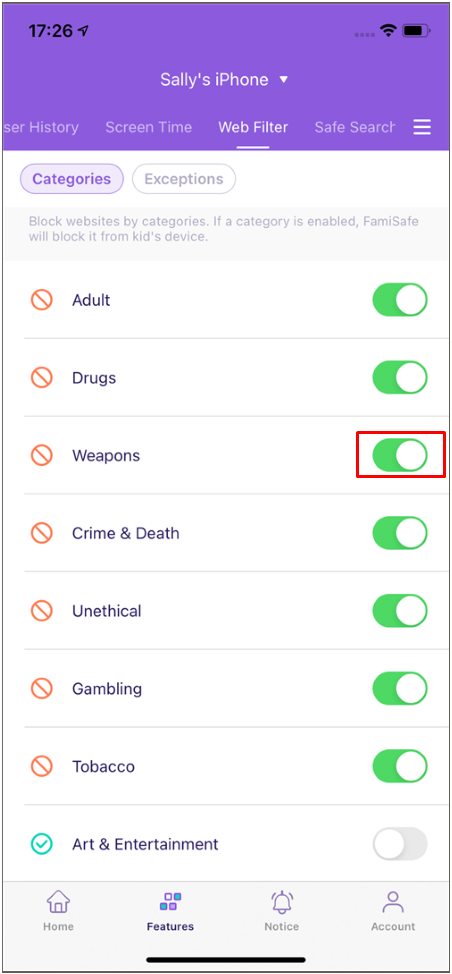 FamiSafe iOS Web Filter Toggle