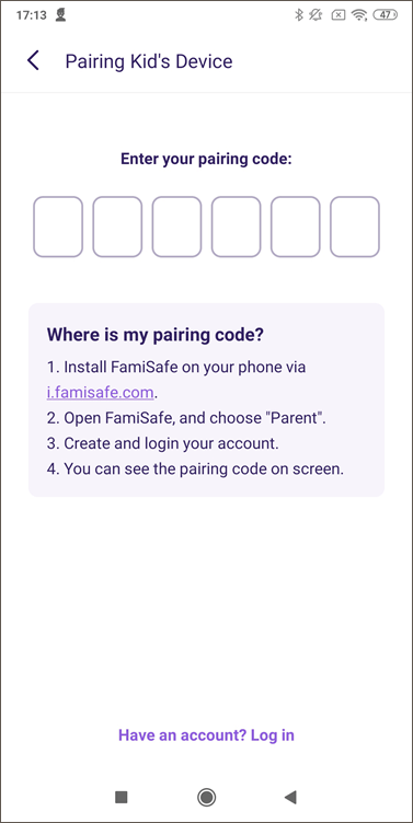 famisafe pairing code