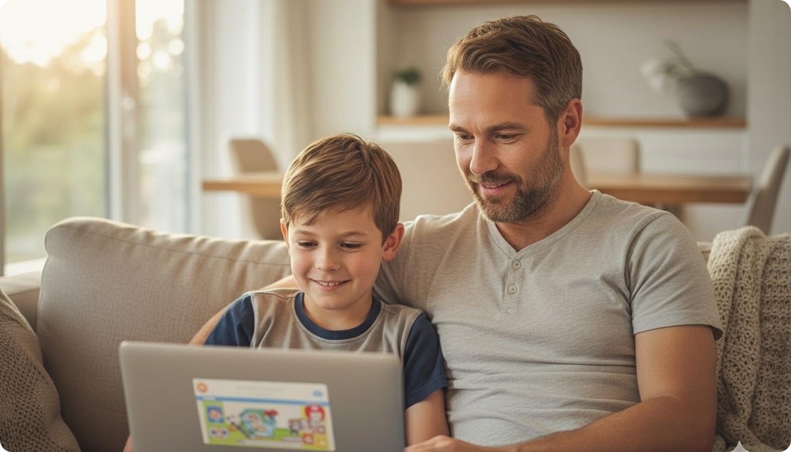 Trevor and Ryan Ashford playing video games together on the couch, father keeping a watchful but warm presence