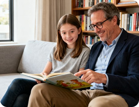 Benjamin and Lily Cartwright sitting together on a couch, sharing a book and smiling