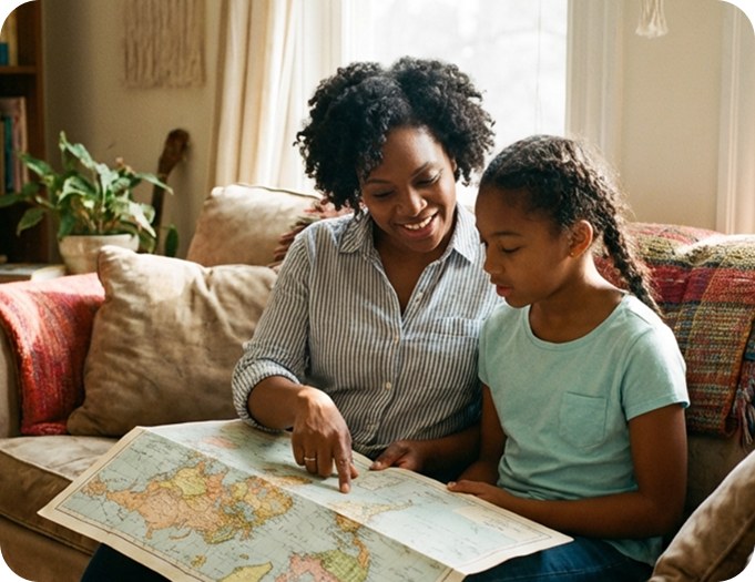 Rebecca Davis and her teenage daughter reviewing a map together at home