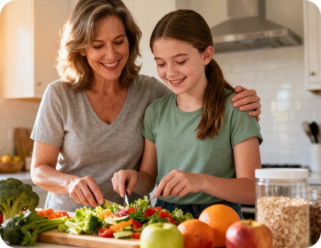 Diane and Chloe Fosbrook smiling together in their kitchen, preparing a healthy meal