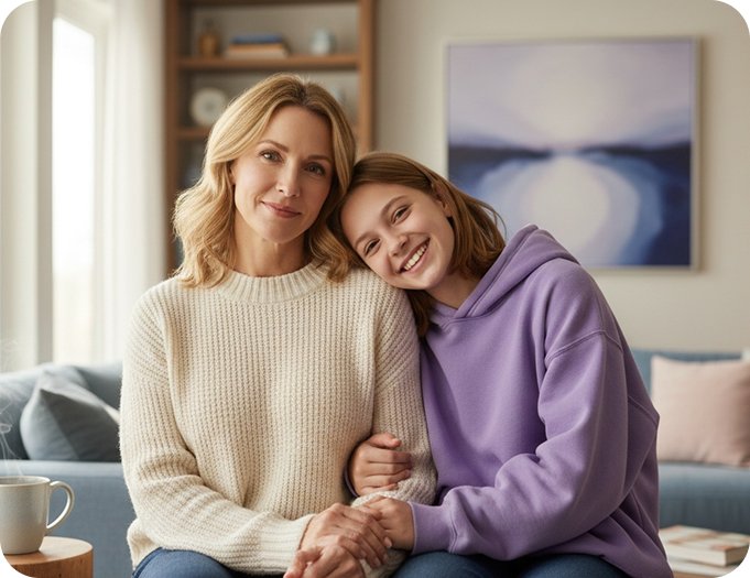 Dana and Juliet Gallagher sitting together looking at phone screen