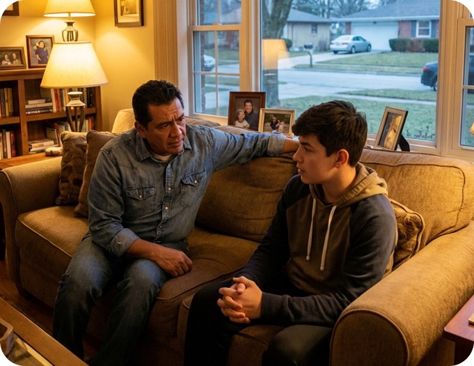 David Martinez and his 16-year-old son Tyler sitting together on a couch, having a serious but supportive conversation
