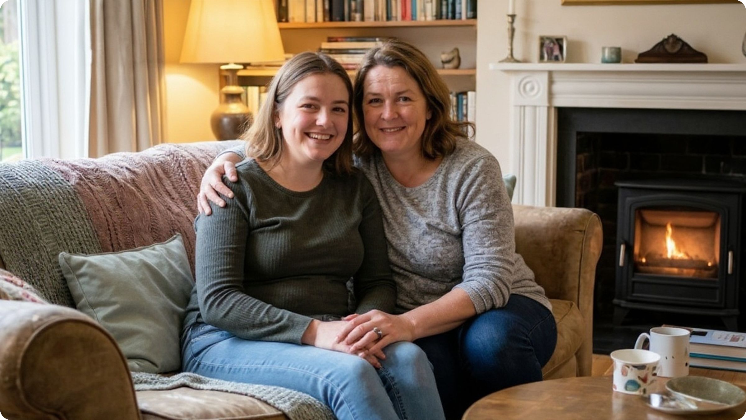 Carolina and Camila Moreno embracing in kitchen