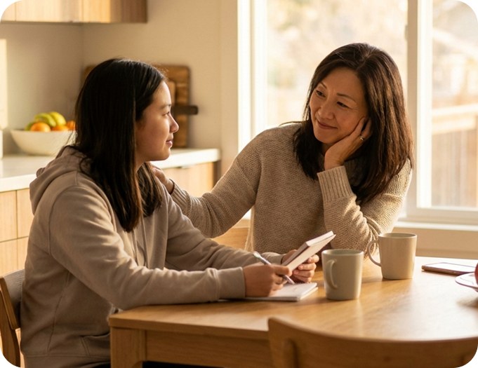 Lisa Park and her 13-year-old daughter Sophia sitting together at a kitchen table, looking at each other with supportive expressions