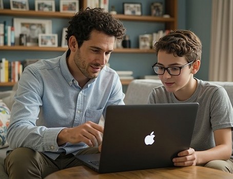 Marcus and Ethan Pemberton sitting together at a computer, reviewing online safety tips