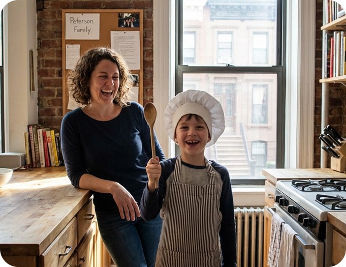 Amanda Peterson and her 9-year-old son Noah in their Brooklyn kitchen, Noah wearing a chef's hat and holding a wooden spoon