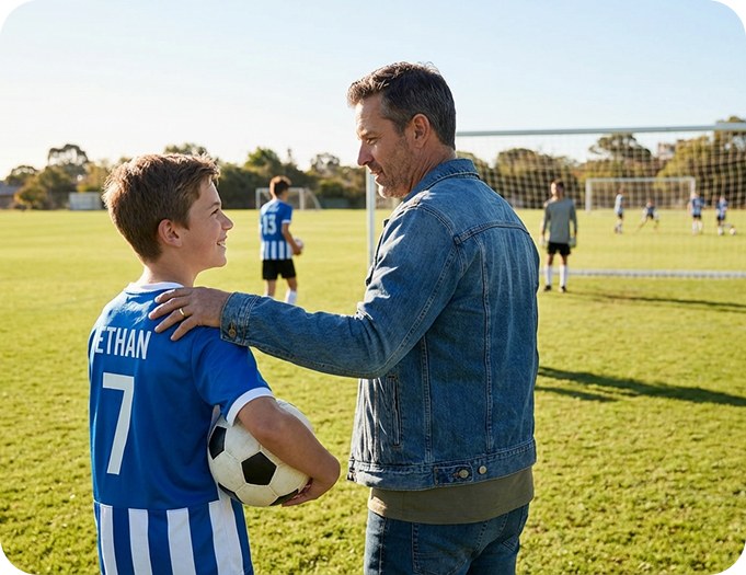 Kevin Sullivan and his 15-year-old son Ethan standing together on a soccer field, Ethan holding a soccer ball