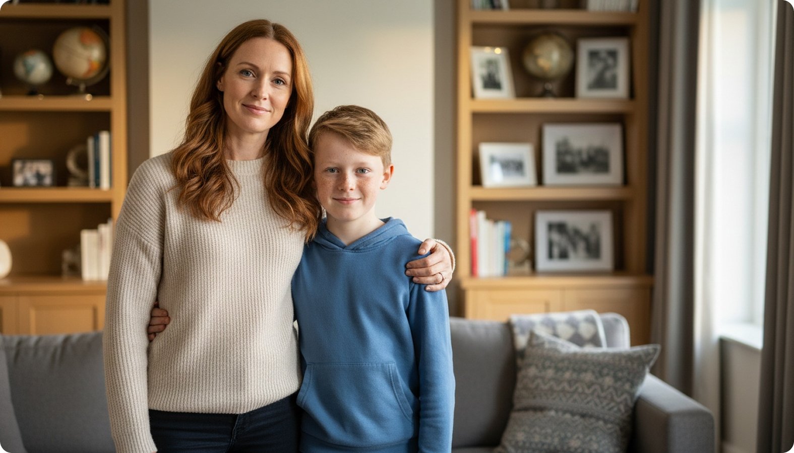 Rachel and Oliver Whitmore standing together in their home, smiling warmly